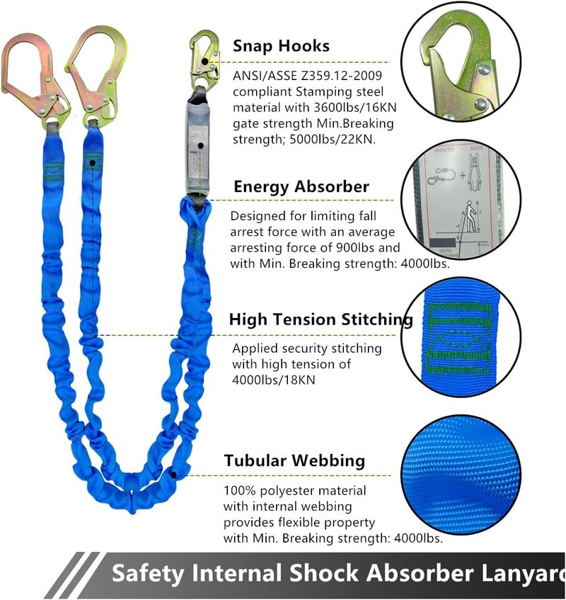 Ymachray 6FT Double Leg Internal Shock Absorbing Safety Fall Protection Lanyard with Dual Rebar & Snap Hook |Heavy-Duty Webbing | Roofer, | OSHA & ANSI Rated (AZ369-B-Shock Absorbing-Blue) - Image 2